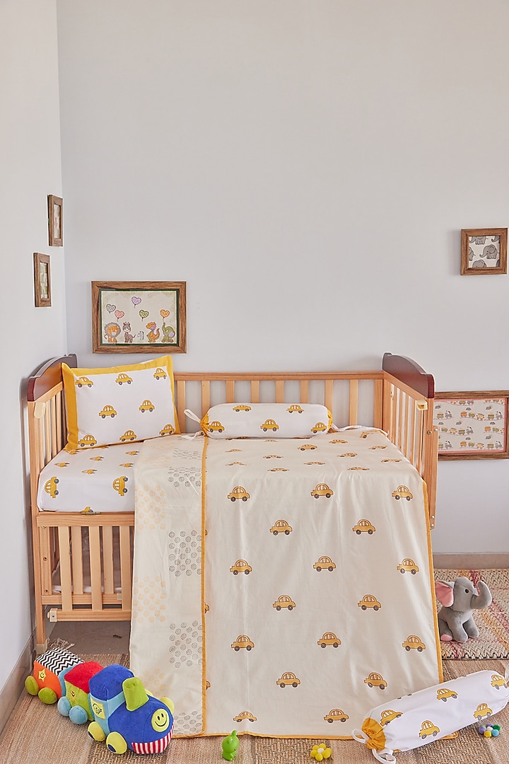 White Muslin Cotton Sunshine Car Hand Block Printed Baby Dohar by Adya Kids at Pernia's Pop Up Shop