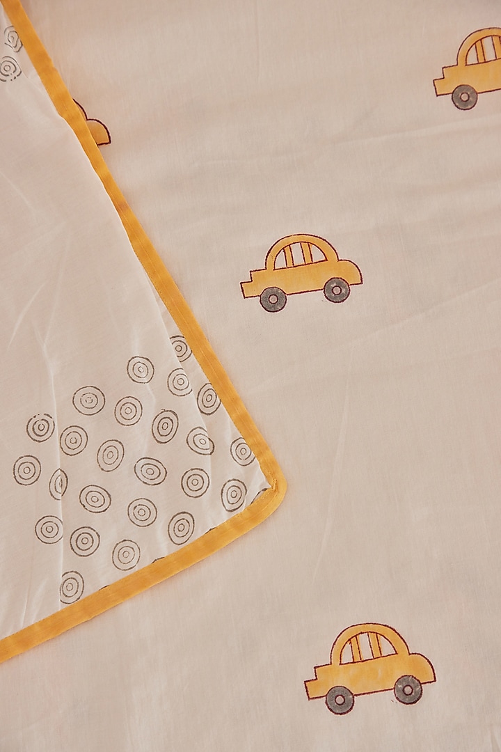 White Muslin Cotton Sunshine Car Hand Block Printed Baby Dohar by Adya Kids at Pernia's Pop Up Shop