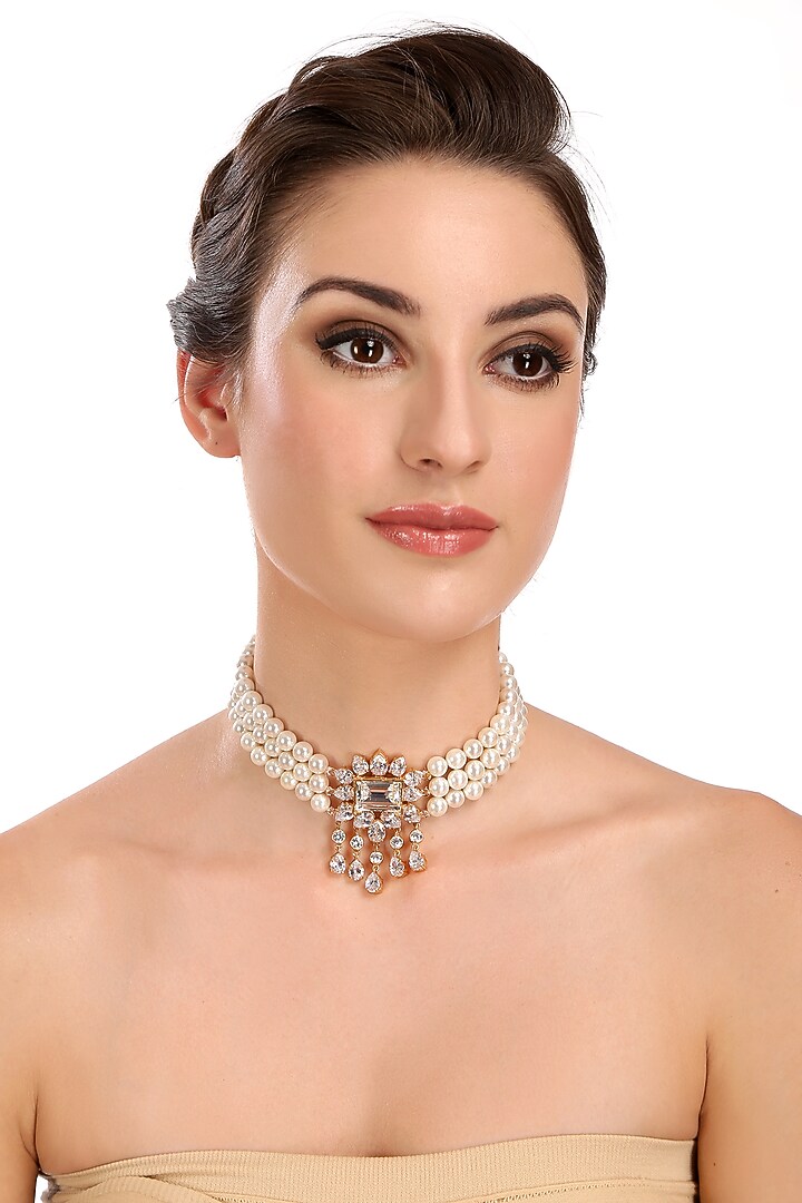 Gold Finish Pearl & Diamond Choker Necklace by AETEE at Pernia's Pop Up Shop
