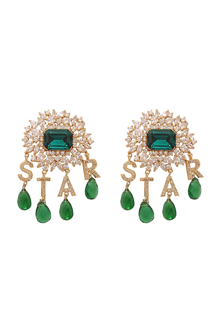 Gold Finish Green Stone & Diamond Earrings by AETEE