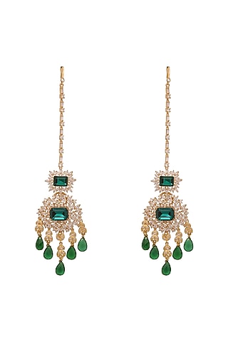 Gold Finish Green Stone & Crystal Earrings by AETEE