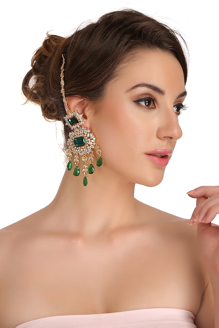 Gold Finish Green Stone & Crystal Earrings by AETEE at Pernia's Pop Up Shop