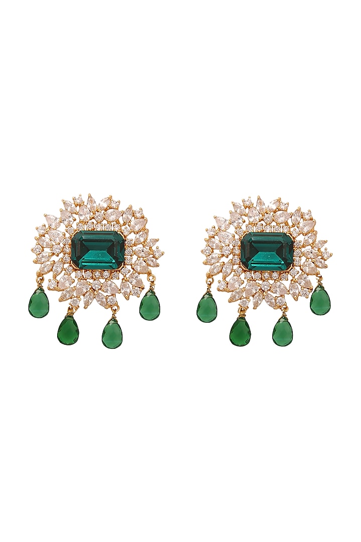 Gold Finish Green Stone & Crystal Stud Earrings by AETEE