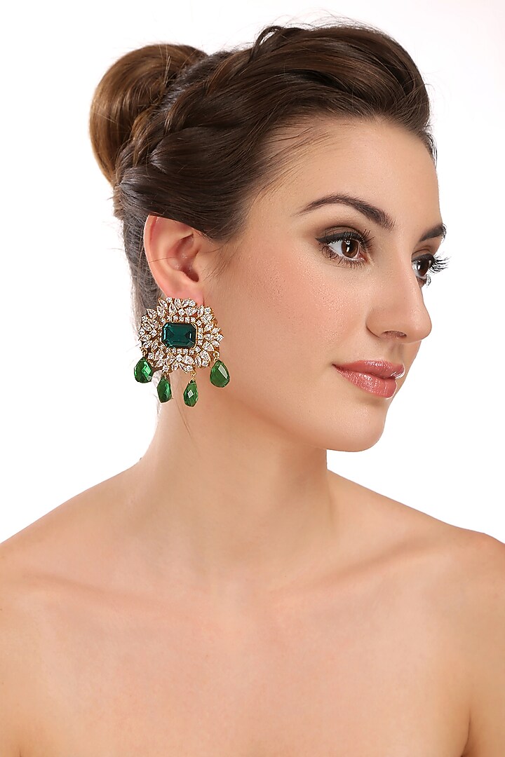 Gold Finish Green Stone & Crystal Stud Earrings by AETEE at Pernia's Pop Up Shop
