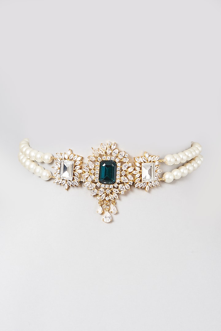 Gold Finish Pearl & Green Stone Choker Necklace by AETEE