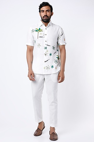 White Hand Block Printed Shirt by Aeka Men