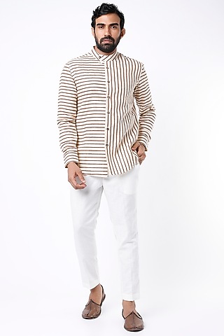 Peach Hand Block Printed Shirt by Aeka Men