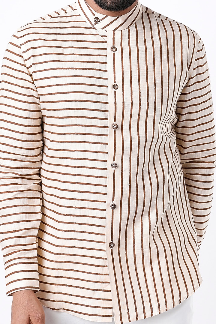 Peach Hand Block Printed Party Wear Shirt by Aeka Men at Pernia's Pop Up Shop