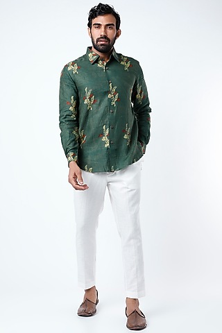 Emerald Green Ajrakh Printed Shirt by Aeka Men