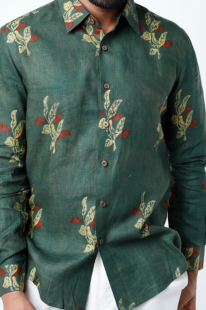 Emerald Green Ajrakh Printed Party Wear Shirt by Aeka Men at Pernia's Pop Up Shop