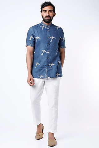 Cobalt Blue Ajrakh Printed Shirt by Aeka Men