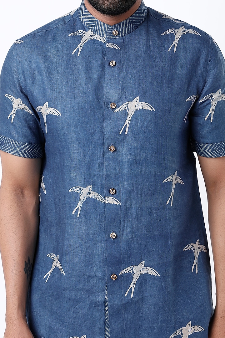 Cobalt Blue Ajrakh Printed Party Wear Shirt by Aeka Men at Pernia's Pop Up Shop