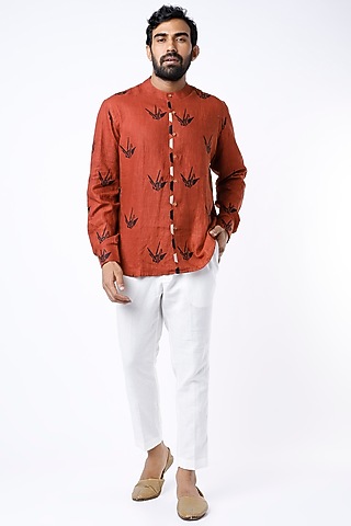 Brick Red Ajrakh Printed Shirt by Aeka Men