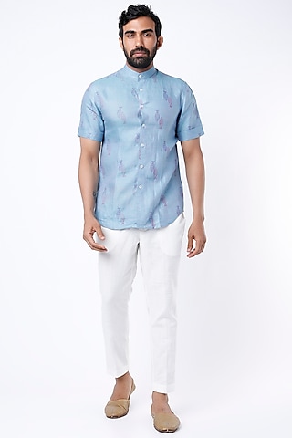 Sky Blue Hand Block Printed Shirt by Aeka Men