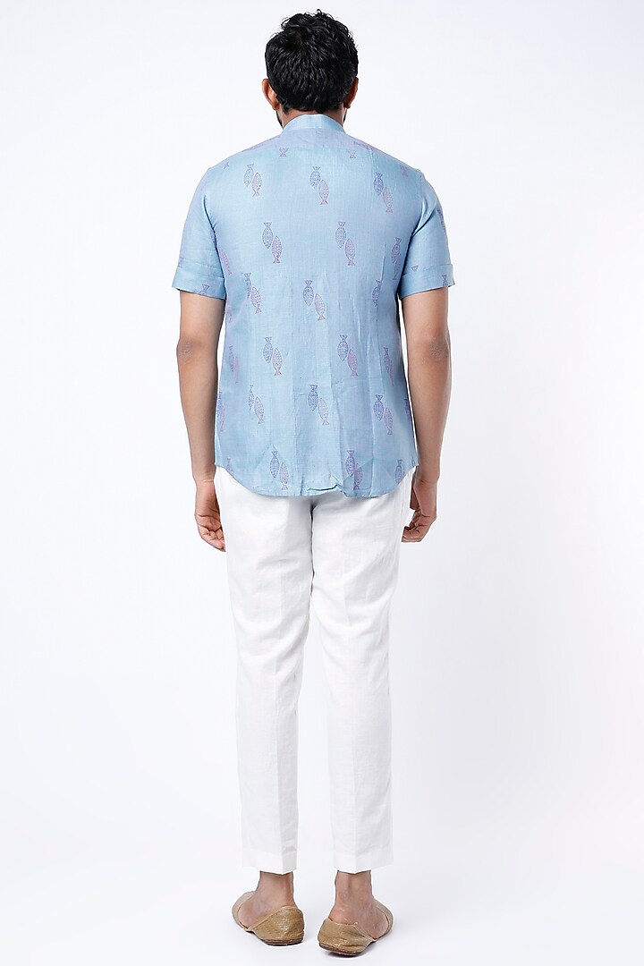 Sky Blue Hand Block Printed Party Wear Shirt by Aeka Men at Pernia's Pop Up Shop