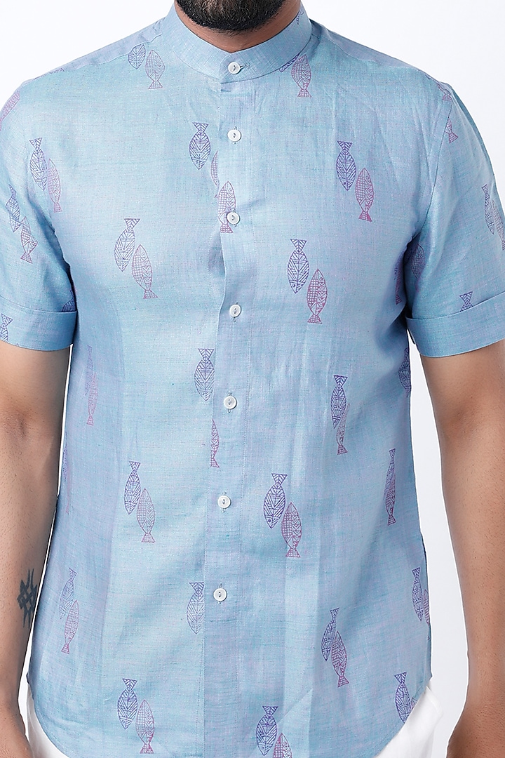 Sky Blue Hand Block Printed Party Wear Shirt by Aeka Men at Pernia's Pop Up Shop