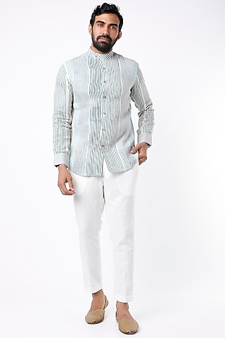 Ivory Hand Block Printed Shirt by Aeka Men