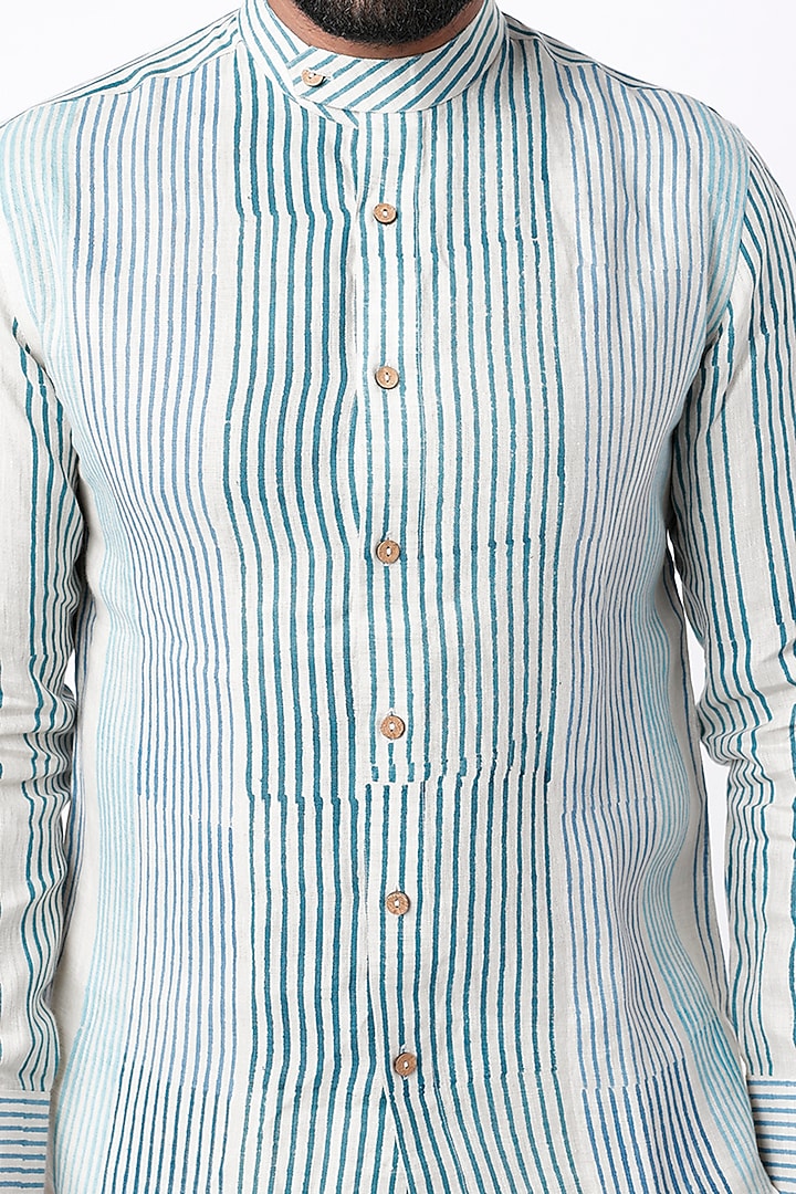 Ivory Hand Block Printed Party Wear Shirt by Aeka Men at Pernia's Pop Up Shop