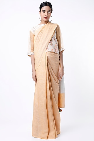 Dull Mango Yellow Embroidered Saree Set by Aeka