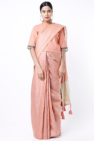 Pastel Orange Saree Set With Zari Checks by Aeka