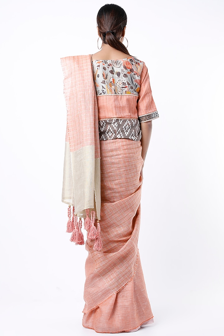 Pastel Orange Party Wear Saree Set With Zari Checks by Aeka at Pernia's Pop Up Shop
