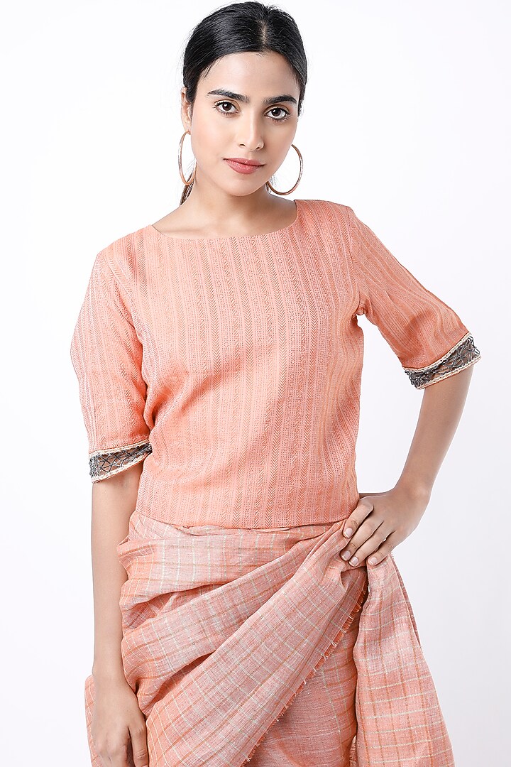 Pastel Orange Party Wear Saree Set With Zari Checks by Aeka at Pernia's Pop Up Shop