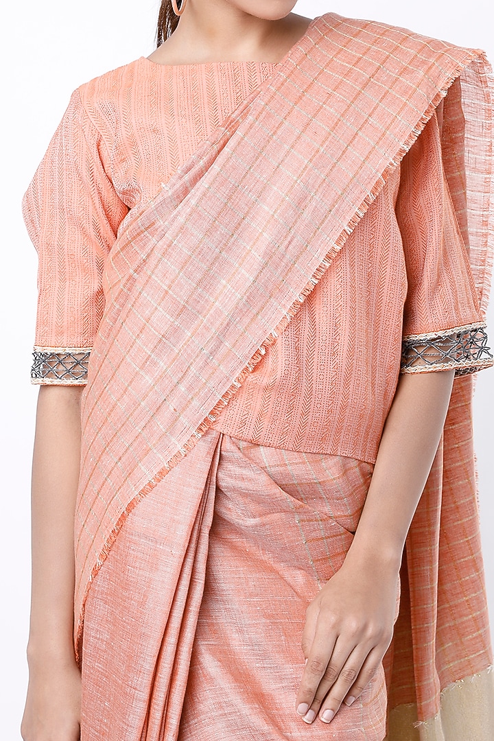 Pastel Orange Party Wear Saree Set With Zari Checks by Aeka at Pernia's Pop Up Shop