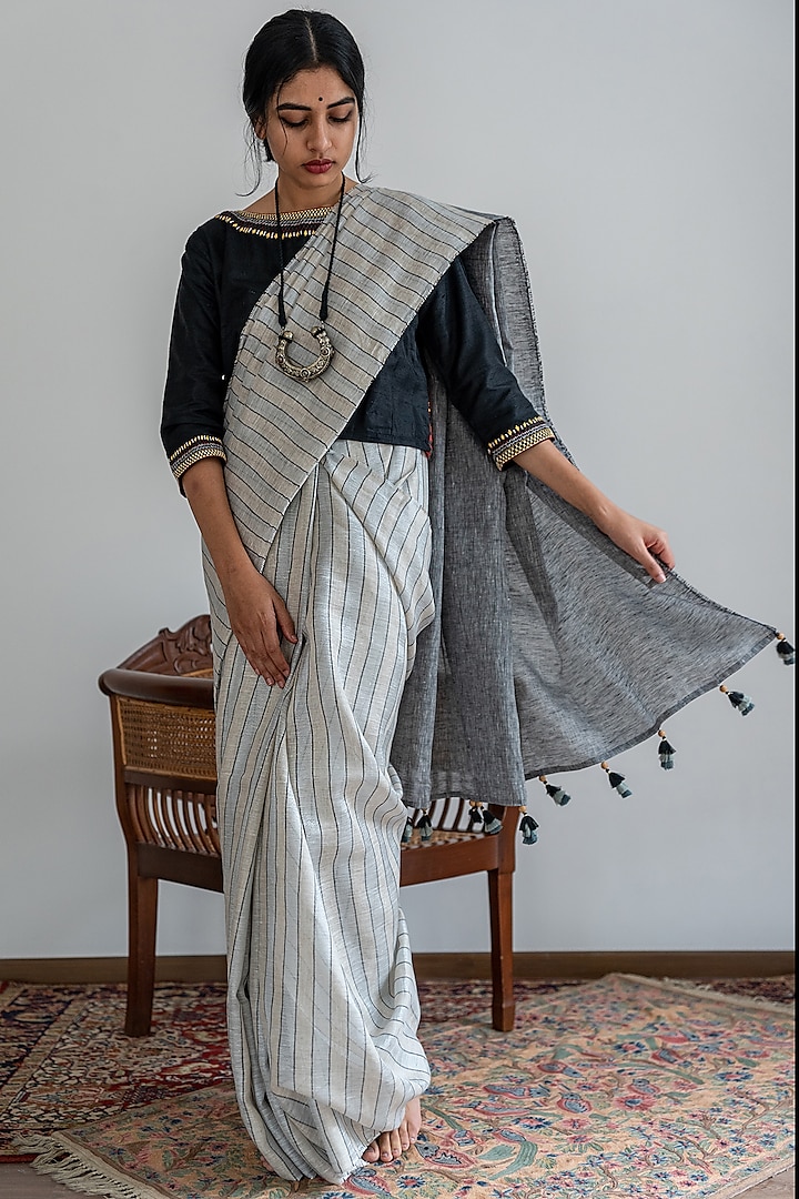 Silver & Black Handcrafted Saree Set by Aeka