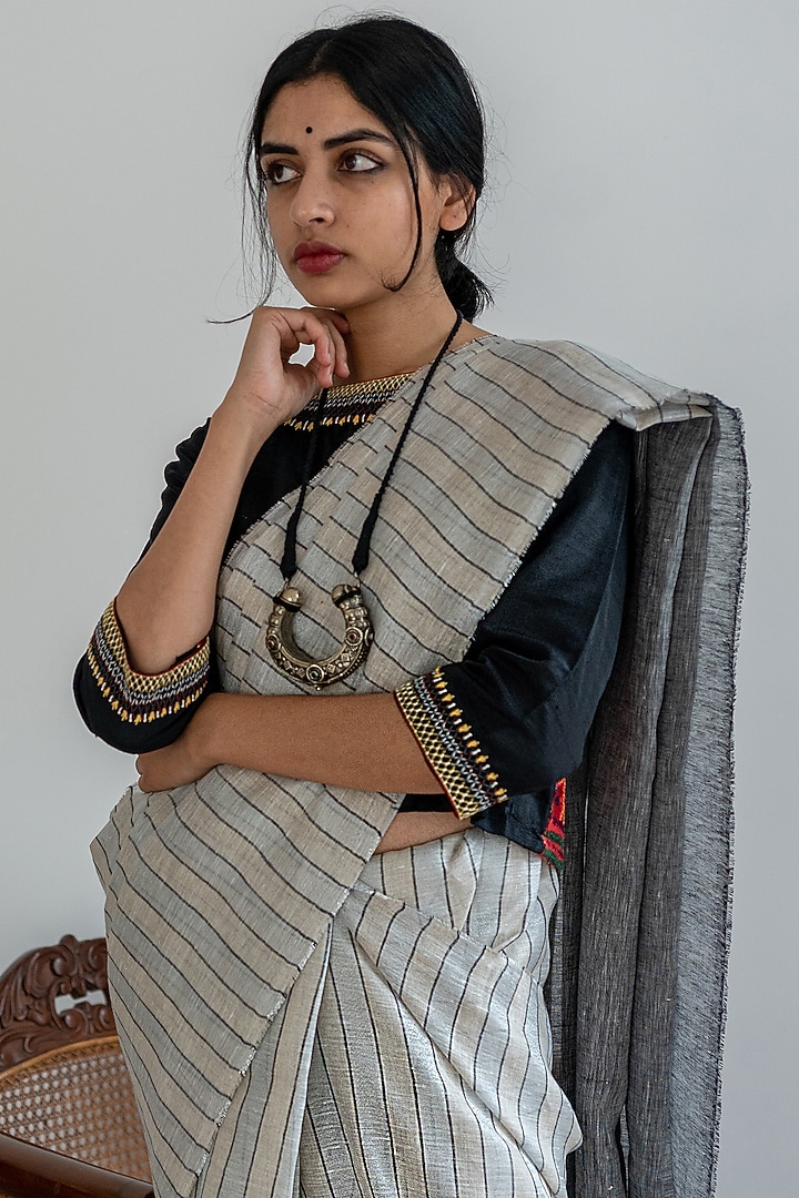 Silver & Black Handcrafted Party Wear Saree Set by Aeka at Pernia's Pop Up Shop