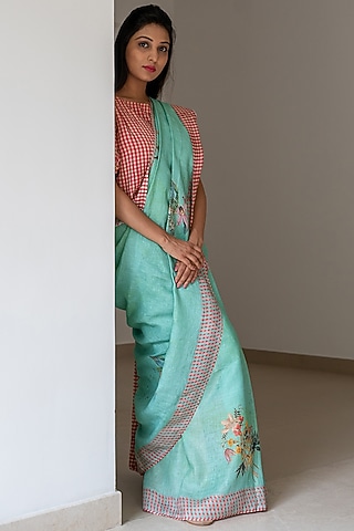 Sea Green Digital Printed Saree Set by Aeka