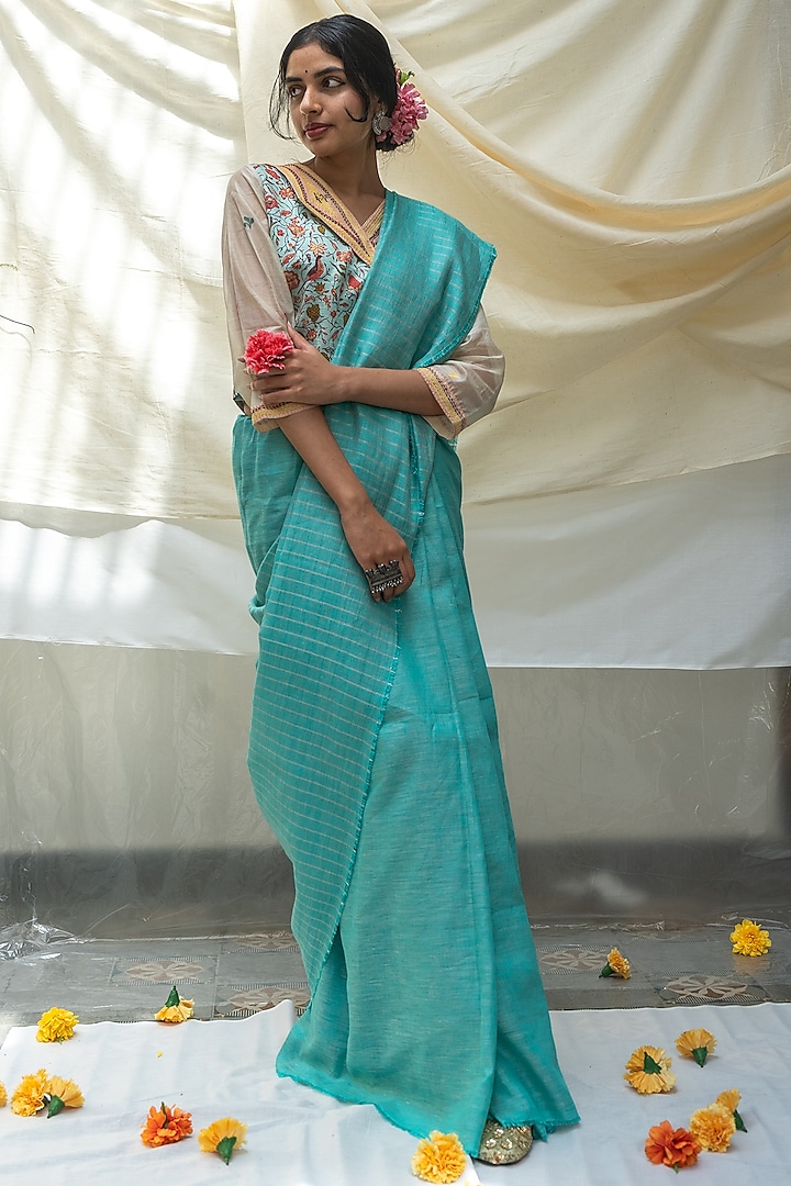 Turquoise Blue Digital Printed Saree Set by Aeka