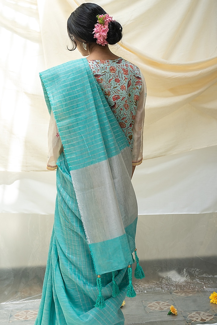 Turquoise Blue Digital Printed Party Wear Saree Set by Aeka at Pernia's Pop Up Shop