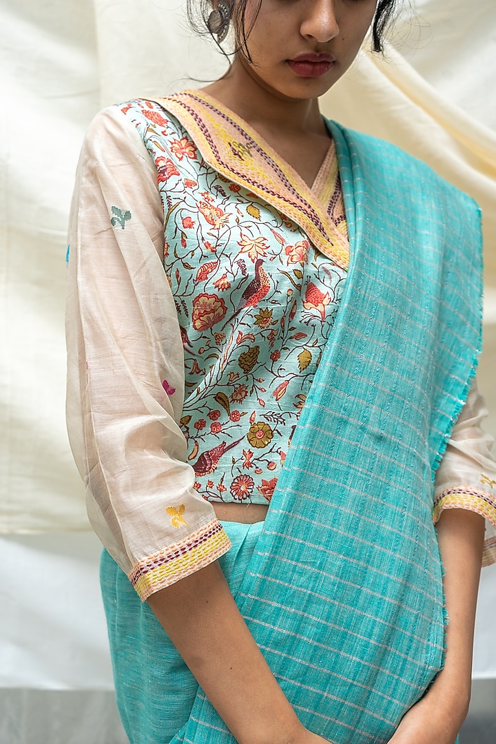 Turquoise Blue Digital Printed Party Wear Saree Set by Aeka at Pernia's Pop Up Shop