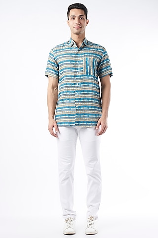 Cobalt Blue Digital Printed Shirt by Aeka Men