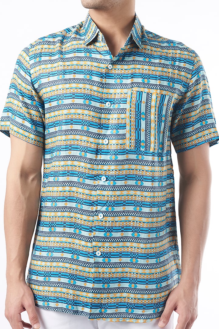 Cobalt Blue Digital Printed Party Wear Shirt by Aeka Men at Pernia's Pop Up Shop