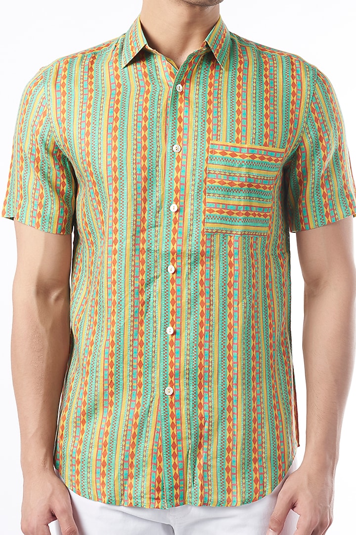 Olive Green Digital Printed Party Wear Shirt by Aeka Men at Pernia's Pop Up Shop
