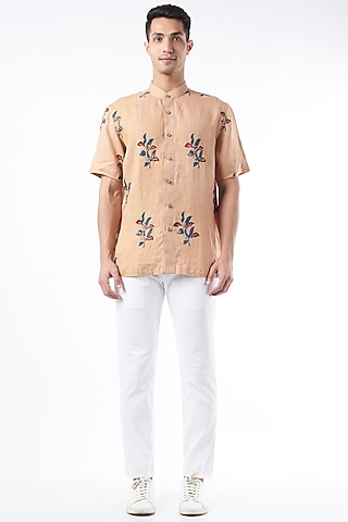 Peach Block Printed Shirt by Aeka Men