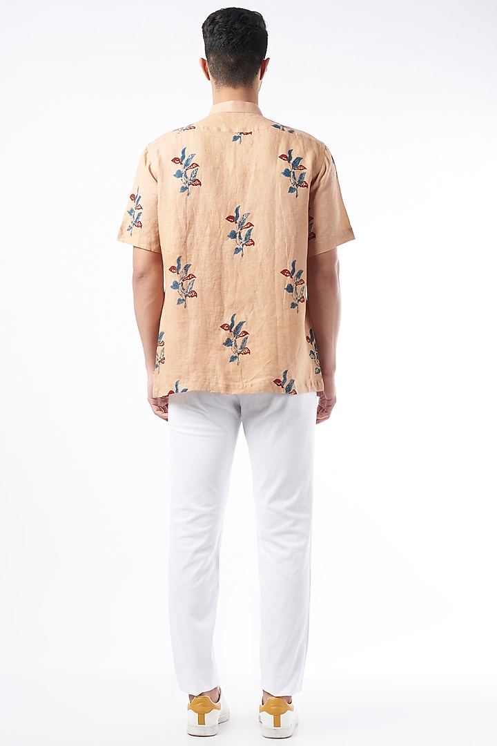 Peach Block Printed Party Wear Shirt by Aeka Men at Pernia's Pop Up Shop