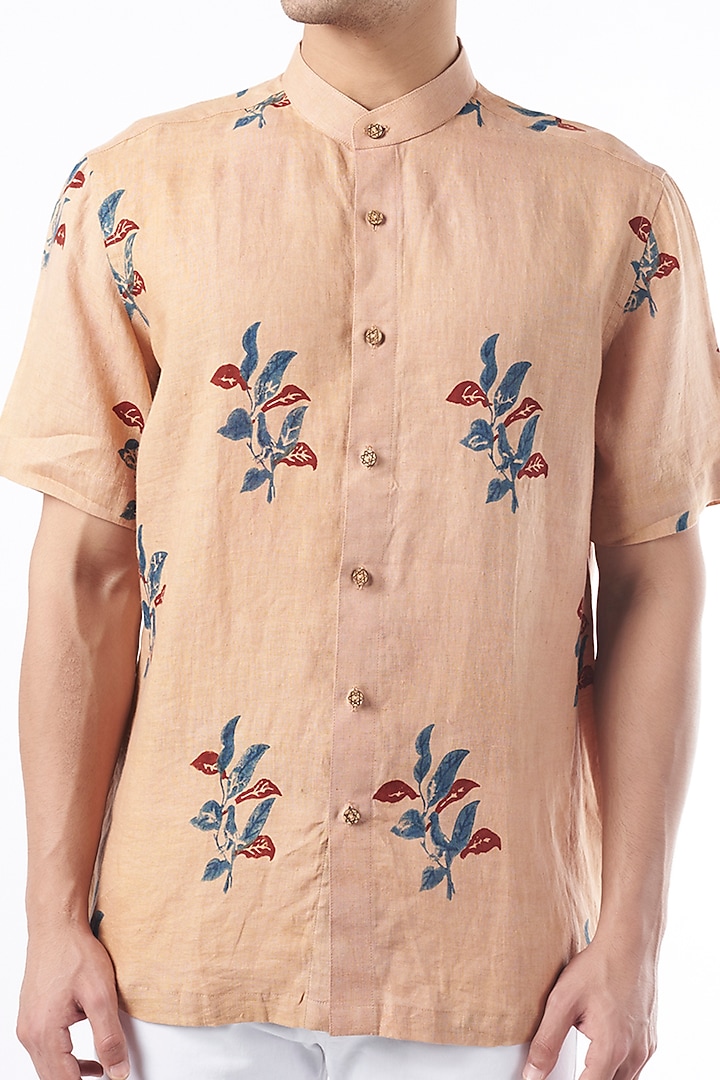 Peach Block Printed Party Wear Shirt by Aeka Men at Pernia's Pop Up Shop