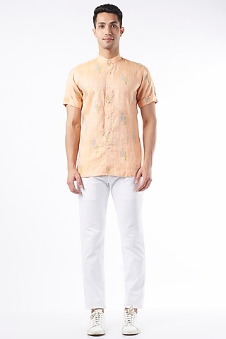 Peach Hand Block Printed Shirt by Aeka Men