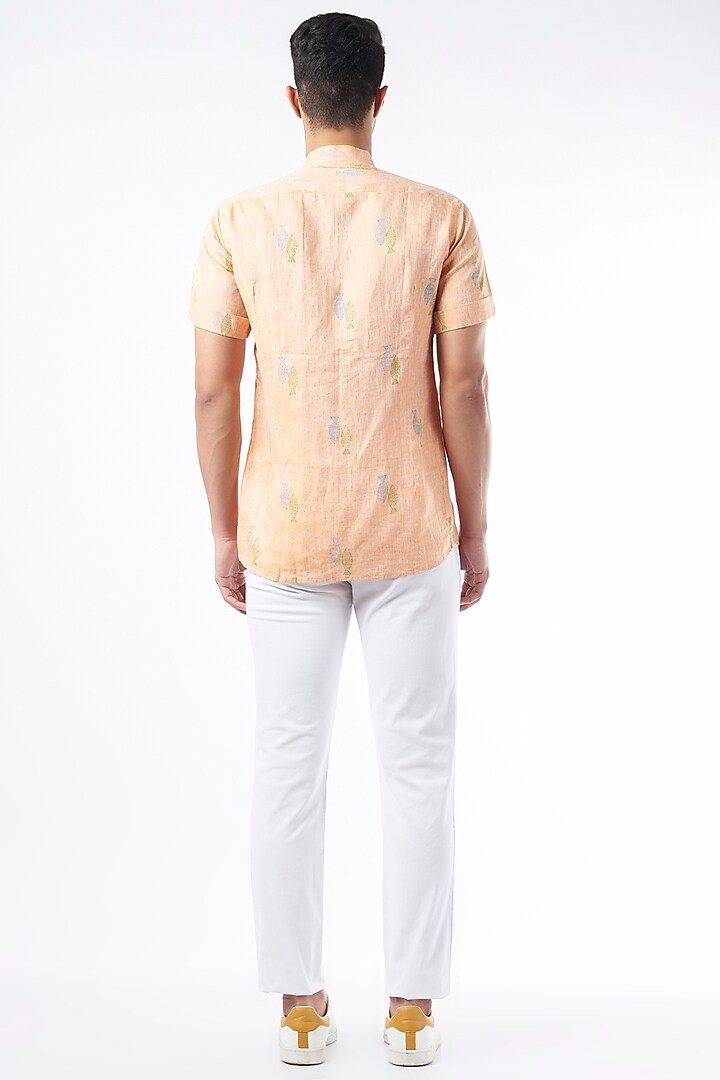 Peach Hand Block Printed Party Wear Shirt by Aeka Men at Pernia's Pop Up Shop