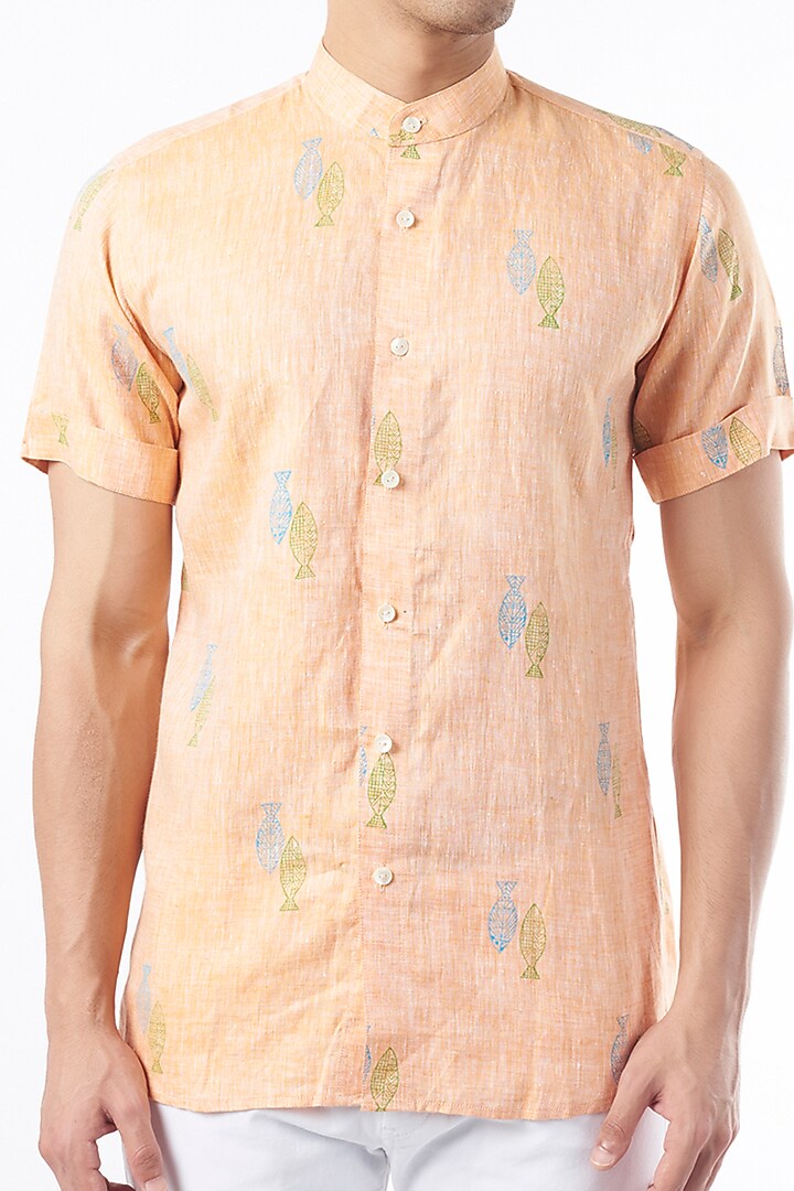 Peach Hand Block Printed Party Wear Shirt by Aeka Men at Pernia's Pop Up Shop