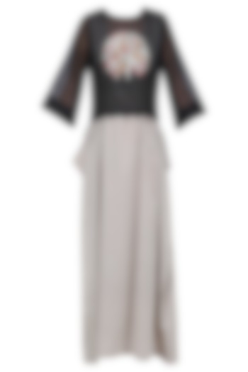 Black embroidered top with striped maxi dress available only at Pernia's Pop Up Shop.