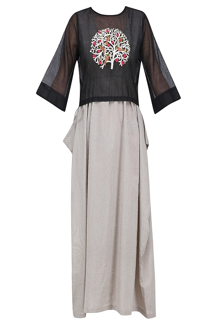 Black embroidered top with striped maxi dress available only at Pernia's Pop Up Shop.
