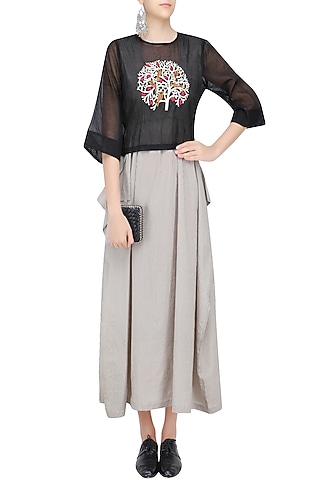 Black Embroidered Top with Striped Maxi Dress by Aekatri by Charu Vij