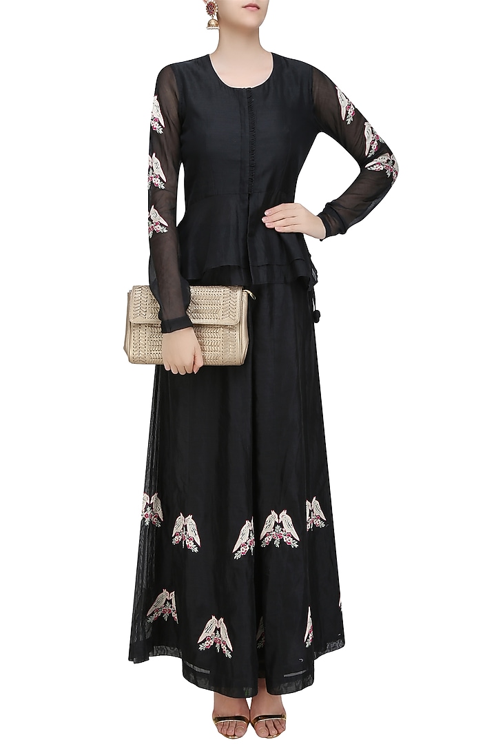 Black birds embroidered peplum top and flared pants set available only at Pernia's Pop Up Shop.