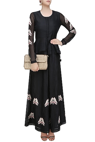 Black Birds Embroidered Peplum Top and Flared Pants Set by Aekatri by Charu Vij