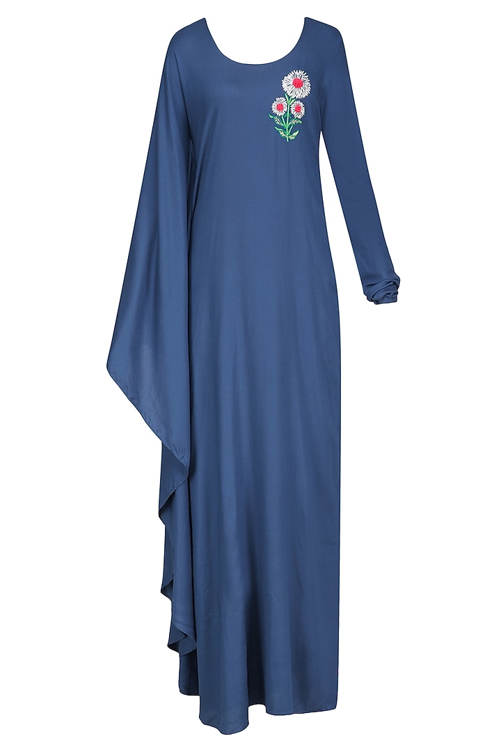 Blue sunflower motif one sleeve maxi dress available only at Pernia's Pop Up Shop.