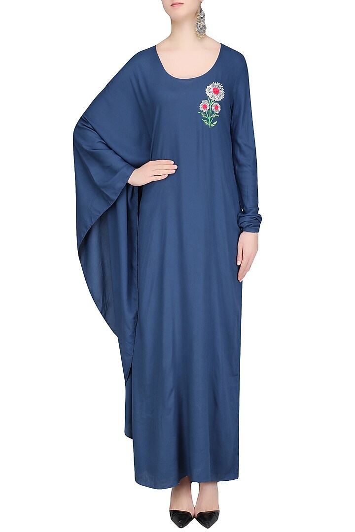 Blue sunflower motif one sleeve maxi dress available only at Pernia's Pop Up Shop.