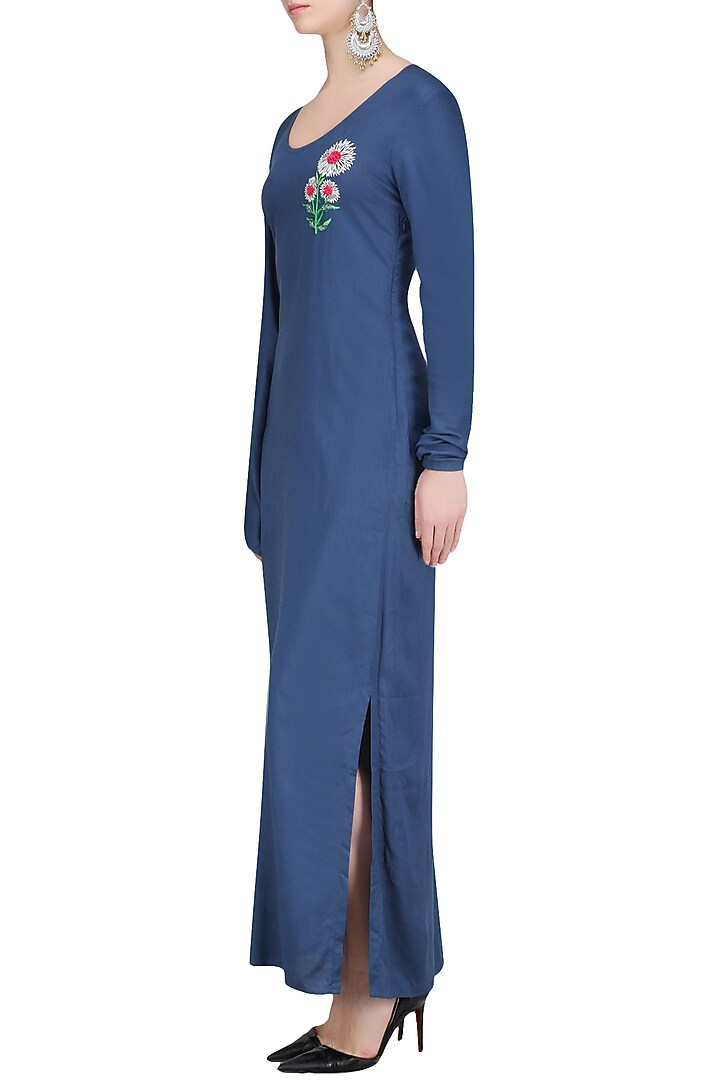 Blue sunflower motif one sleeve maxi dress available only at Pernia's Pop Up Shop.